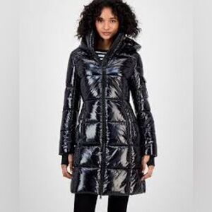 S13 Sam Black Glossy Long Puffer Coat Women’s XL Hooded  Winter Jacket NWOT